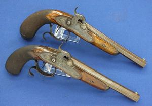 A very nice antique Liege Pair Percussion Pistols signed G. Berleur, caliber 14 mm fine grooves, length 35 cm, in nearly mint condition. Price 2.875 euro