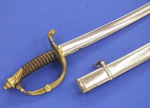 A very nice antique Dutch Infantry Officers Sword Model 1852, length 95 cm, nickel plated, with a repair on the hilt. Price 325 euro