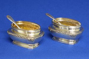 A very nice French Pair of Silver Salt Cellars with original Spoons, Paris after 1838, height 3.8 cm, in very good condition. Price 500 euro reduced to 395 euro