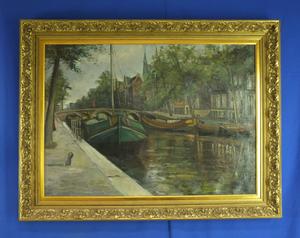 A very nice antique painting Ships in canal, 88 x 63 cm. Price 565 euro
