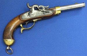 A fine antique 19th century German Cavalry Percussion Pistol, Model 1850, marked POTSDAM GS under a Crown, caliber 15 mm smooth, length 40 cm, in very good condition. 
