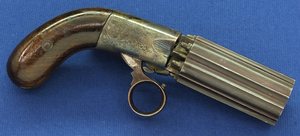 A fine antique English 6 shot ring-trigger underhammer percussion pepperbox by J.R. Cooper. Caliber 10mm. Length 20,5cm. In very good condition. Price 1.450 euro