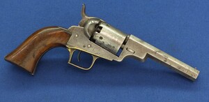 A rare antique American Colt Model 1848 Baby Dragoon 5 shot Percussion revolver with double stamped New York Address. 31 Caliber. 4 inch Barrel with stamping error. Length 24,5cm. In very good condition. Price 3.750 euro.