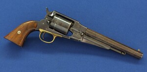 A rare Remington New Model Army first type Smith&Wesson-Kittredge conversion Revolver with White's Patent date stamped on the cylinder. 5 shot, .46 Rimfire, 8 inch barrel, length 37,5 cm, in very good condition. Price 3.995 euro