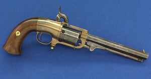 A scarce American Civil War Butterfield Army Model 5 shot Percussion Revolver with special Disk Priming Mechanism fitted in Brass Frame, 5 shot, .41 caliber , 7 inch barrel,  length 36 cm, in very good condition. Price 9.950 euro