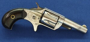 A very nice antique American Nickel Plated Colt New Line 30 Caliber Rimfire 5 shot Revolver. 2 1/4 inch barrel with Hartford address. Length 15,5cm. In very good condition. Price 850 euro
