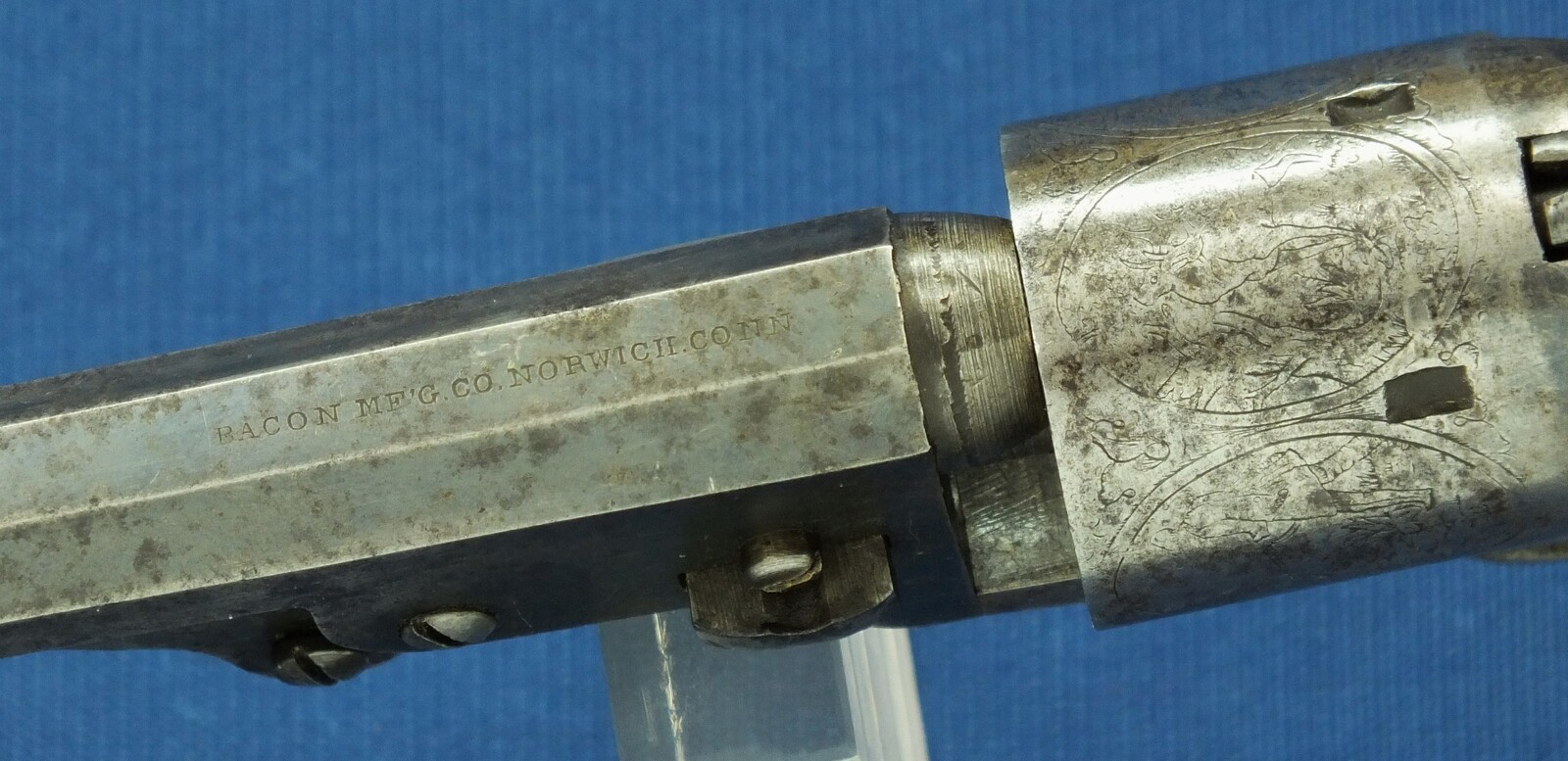 American Bacon Mfg. Co. Norwich Conn. First model Pocket 5 shot percussion Revolver. 31 Caliber, 4 inch barrel. Only 1000 made. Length 24,5cm. In very good condition. Price 1.450 euro.