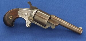 An American engraved Moore's patent Firearms Company and National Arms Company Brooklyn, New York Frontloading Teat-fire pocket revolver. 6 shot 32 caliber. 3 1/4 inch barrel. Length 18,5cm. In very good condition. Price 1.050 euro