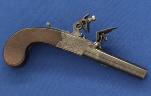 An antique English circa 1800-20 Box-Lock Flintlock pocket pistol with Thumpiece safety catch by ANDERTON & Co London. Caliber 11mm, length 18,5cm. In very good condition. Price 750 euro.
