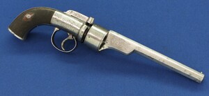 An English Transitional 6 shot double action Percussion Revolver. 6-3/4 inch octagonal barrel. Length 35cm. In good/very good condition. Price 795 euro.