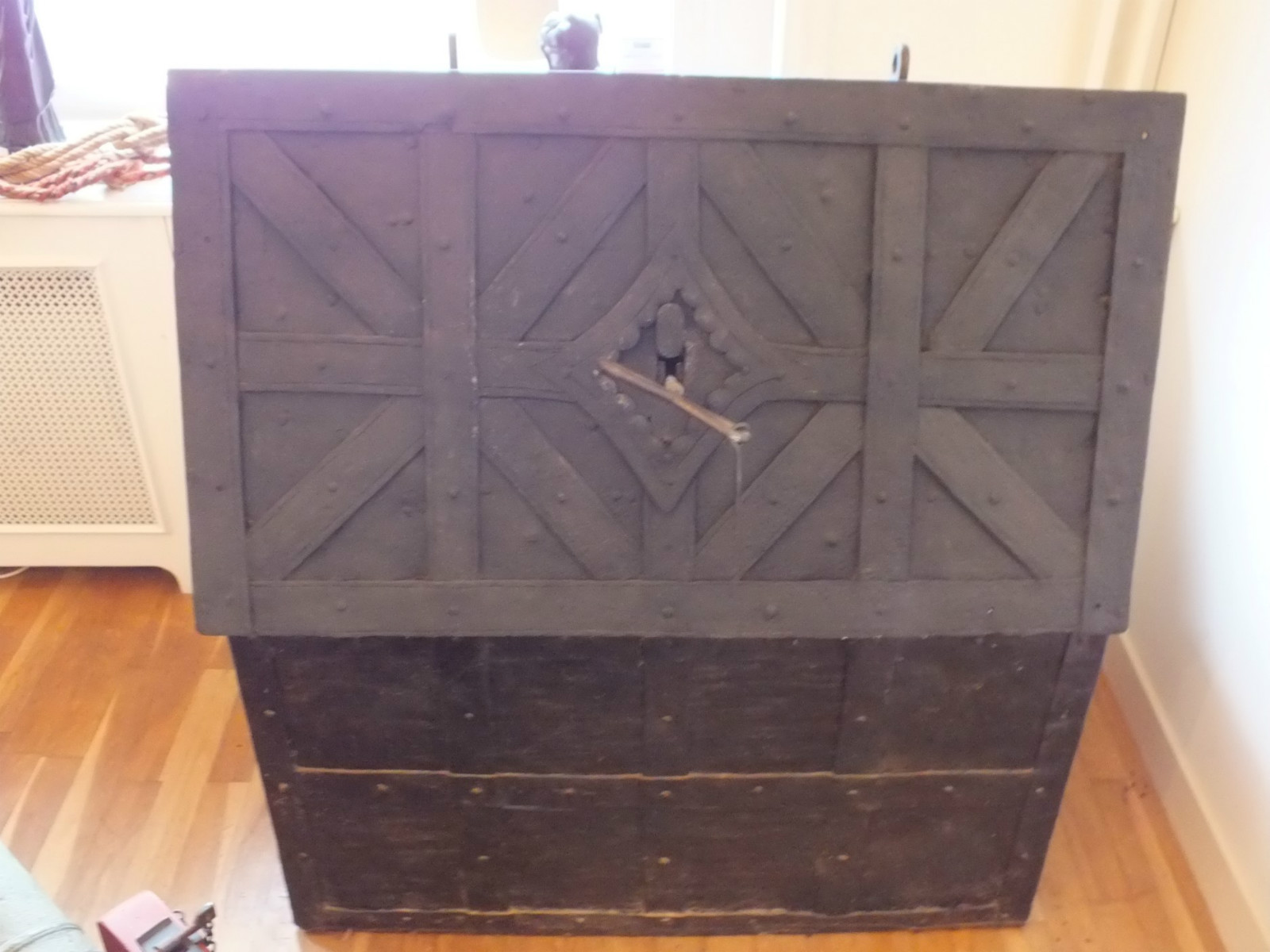 A Very Nice 17th Century Antique Wrought Iron Strongbox 100x57x57