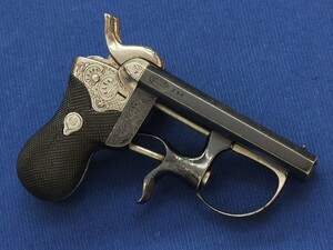 A fine and rare antique Engraved Belgian Liege Delvigne Double-Barreled 7mm Pinfire Pocket Pistol. Length 12cm. In near mint condition. Price 6.500 euro.
