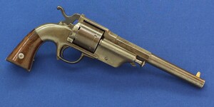 A fine and scarce antique American Allen & Wheelock Center Hammer Lipfire Army 6 shot Single Action Revolver. Caliber 44 Henry Rimfire. Only 250 made!. 7,5 inch barrel with clear address. Length 34,5cm. In very good condition. Price 3.650 euro.