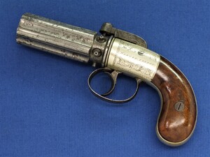 A fine antique 19th century English Percussion Pepperbox, signed MANTON LONDON - IMPROVED REVOLVING PISTOL,  caliber 7,5 mm, length 20 cm, in very good condition. Price 1.575 euro