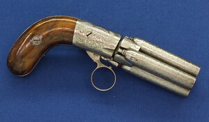 A fine antique 19th century engraved Belgian Liege 4 shot underhammer Mariette Brevete percussion Pepperbox. Caliber 9mm, length 19cm. In very good condition. Price 850 euro.