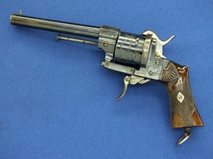 A fine antique 19th Century Spanish  6 shot single and double action Pinfire Revolver by F. ECHEVERRIA VITORIA, caliber 12 mm, length 30 cm, in near mint condition. 