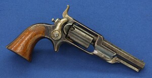 A fine antique American Colt Model 1855 Root Model 3A Sidehammer Pocket percussion Revolver. 5 shot Fluted cylinder. 31 Caliber. 3,5 inch octagonal barrel with Hartford address. Length 22cm. In very good condition. Price 2.450 euro.