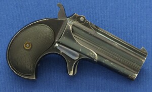 A fine antique American Dark Gray/blue parkerized matte finish Remington Double Deringer Type III, a.k.a. Model No 4. Caliber 41 rimfire. In near mint condition. Price 2.550 euro.