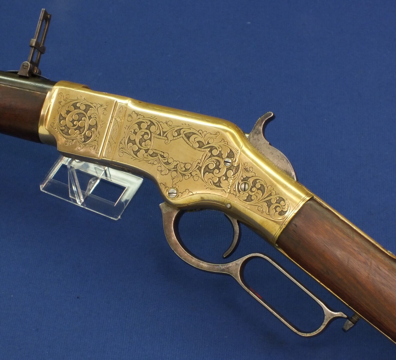 A fine antique American L.D. Nimschke Engraved Winchester Model 1866 Yellow Boy Musket with original Bayonet. 44 Henry Rimfire caliber, 27 inch barrel. Length 118cm. In very good condition. Price on request