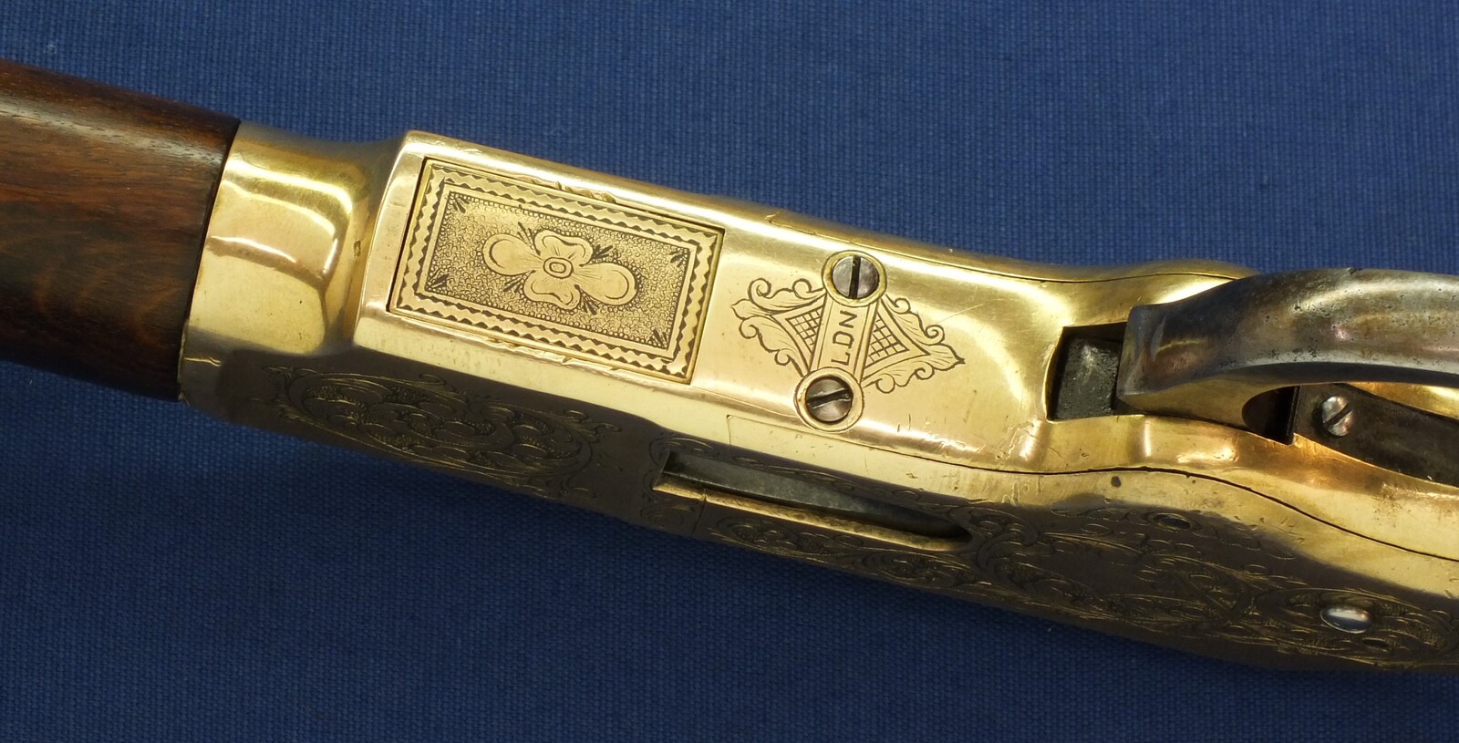 A fine antique American L.D. Nimschke Engraved Winchester Model 1866 Yellow Boy Musket with original Bayonet. 44 Henry Rimfire caliber, 27 inch barrel. Length 118cm. In very good condition. Price on request