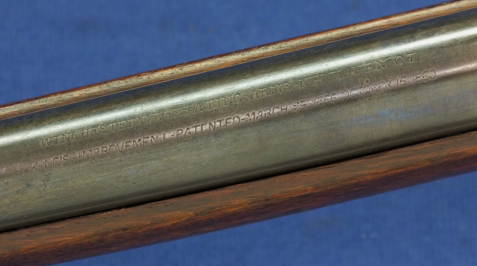 A fine antique American L.D. Nimschke Engraved Winchester Model 1866 Yellow Boy Musket with original Bayonet. 44 Henry Rimfire caliber, 27 inch barrel. Length 118cm. In very good condition. Price on request
