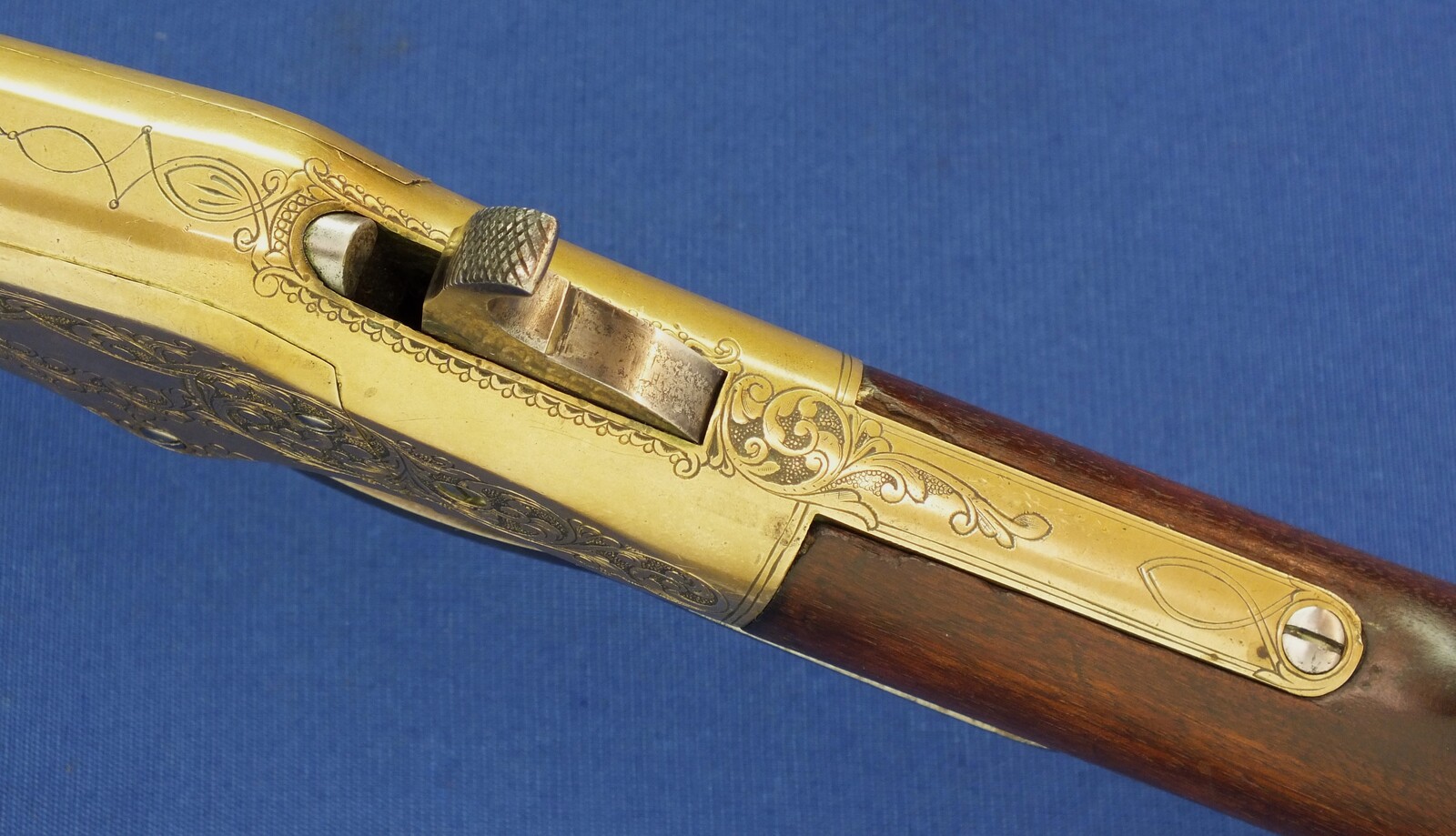 A fine antique American L.D. Nimschke Engraved Winchester Model 1866 Yellow Boy Musket with original Bayonet. 44 Henry Rimfire caliber, 27 inch barrel. Length 118cm. In very good condition. Price on request