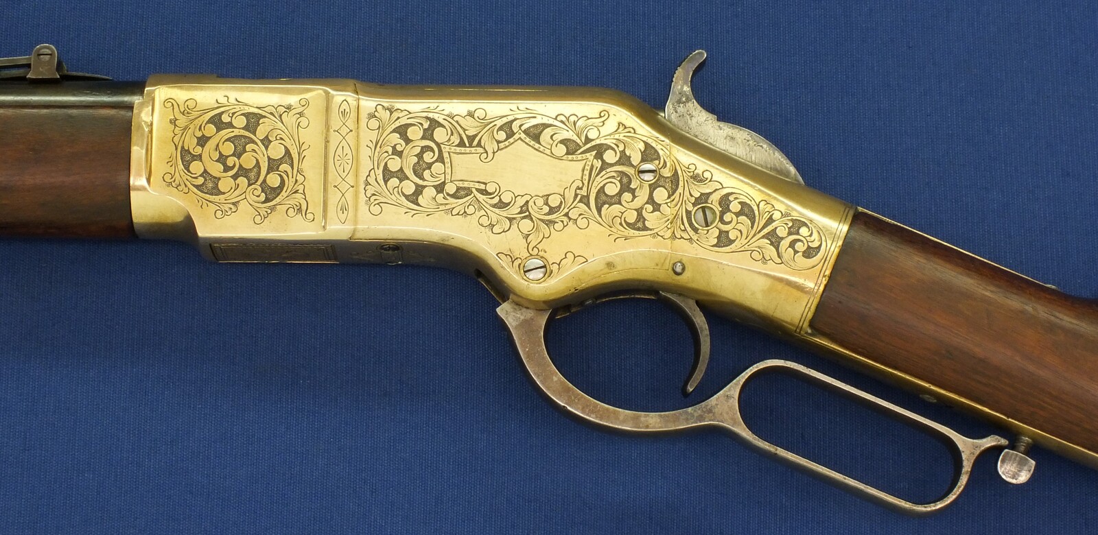 A fine antique American L.D. Nimschke Engraved Winchester Model 1866 Yellow Boy Musket with original Bayonet. 44 Henry Rimfire caliber, 27 inch barrel. Length 118cm. In very good condition. Price on request