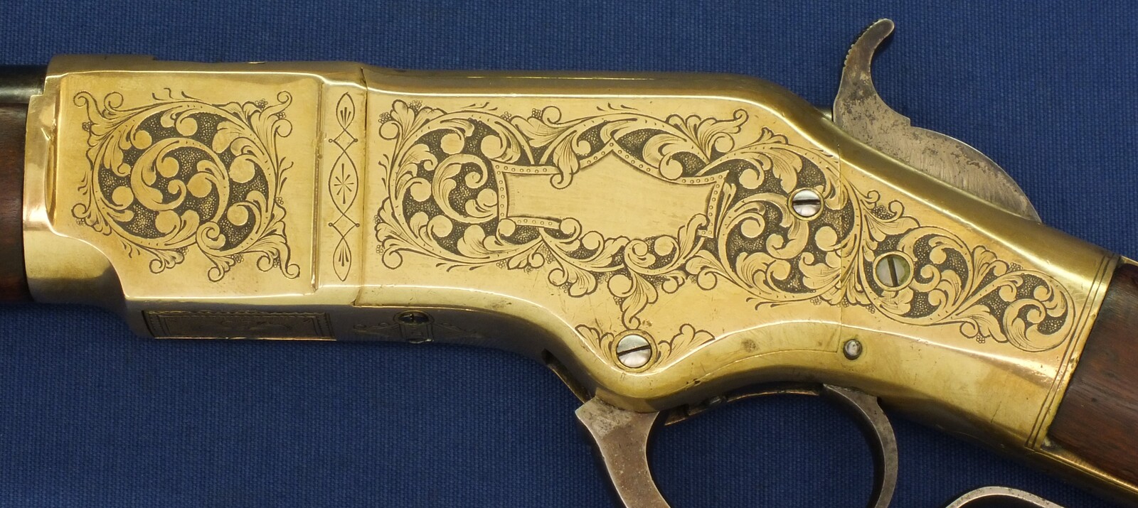 A fine antique American L.D. Nimschke Engraved Winchester Model 1866 Yellow Boy Musket with original Bayonet. 44 Henry Rimfire caliber, 27 inch barrel. Length 118cm. In very good condition. Price on request