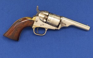 A fine Antique American nickel plated Colt 3 1/2 inch Round Barrel Conversion Revolver, Caliber .38  Rimfire, length 24 cm, in very good condition. Price 1.750 euro