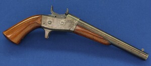 A fine antique American Remington Civilian Model 1865 Navy Rolling Block Pistol retailed by Richardson & Sons Cork (Ireland). Caliber 50 Rimfire, 8,5 inch barrel, spur type Trigger. Length 36cm. In very good condition. Price 2.950 euro
