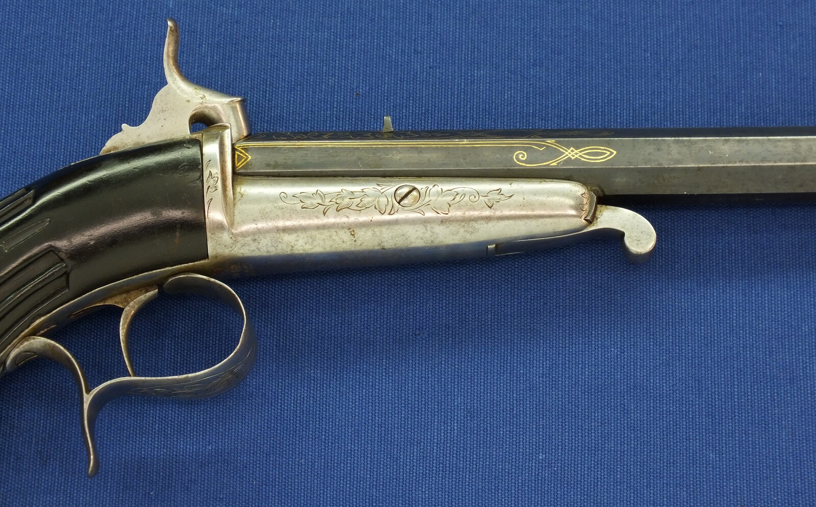 A fine antique Belgian 6mm System Gaubert Brevete Flobert Target/Saloon pistol. 9 inch octagon barrel. Length 37cm. In very good condition. Price 850 euro.