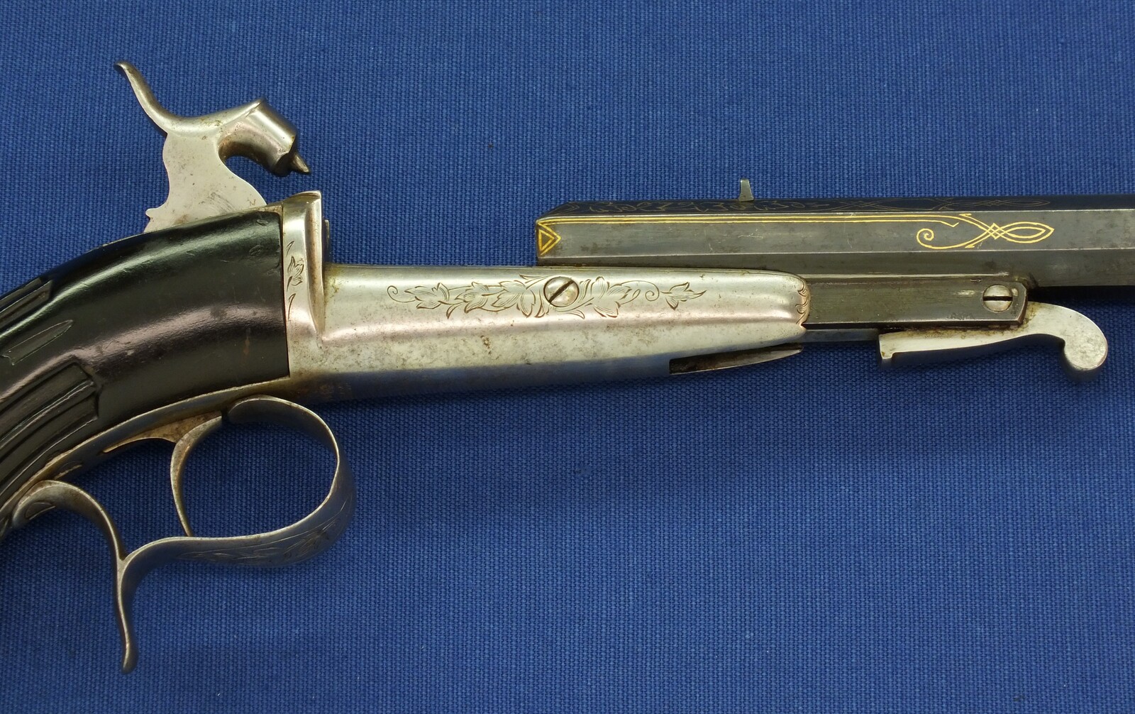 A fine antique Belgian 6mm System Gaubert Brevete Flobert Target/Saloon pistol. 9 inch octagon barrel. Length 37cm. In very good condition. Price 850 euro.