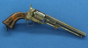 A fine antique Belgian Colt Brevete Model 1851 Navy 6 shot percussion Revolver by Lambert Ghaye Liege. 36 caliber, 7,5 inch barrel. Length 36cm. In very good condition. Price 2.950 euro.