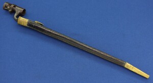 A fine Antique British model / Pattern 1853 Enfield Bayonet with original leather scabbard marked with Broad Arrows, WD and WR in oval. Length 55cm. In very good condition. 