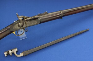 A fine antique Canadian Snider Enfield MKII Rifle with bayonet. Lock marked 1861 L.A.Co (London Armoury Co) Stock marked DC for Dominion of Canada. Caliber .557 Length 140 cm. In very good condition.