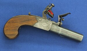 A fine antique English Box-Lock Flintlock pistol by Jackson & Hall London circa 1800. Thumbpiece safety catch. Birmingham proofmarks. Caliber 12,5 cm, length 17cm. In very good Condition. Price 950 euro.