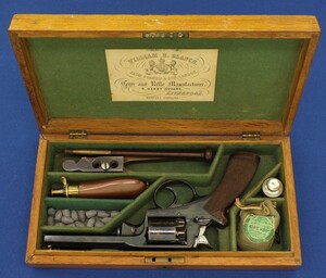 A fine antique English Oak cased Adams patent 5 shot 38 bore single and double action percussion Revolver by William H. Blanch, 4 Derby Square Liverpool. Length 27cm. In near mint condition. 