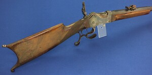 A fine antique French 6mm/.22 short caliber target Rifle by S. Gerster St. Etienne with set-triggers. 68cm fluted octagonal barrel. Length 116cm. In very good condition. Price 1.500 euro.
