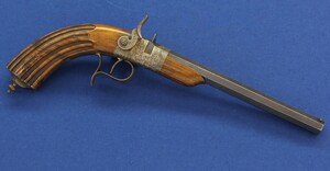 A fine antique French 6mm Beringer System breech loading percussion target/saloon Pistol with internal hammer.  8 inch octagon barrel. Length 38cm. In near mint condition. Price 995 euro.