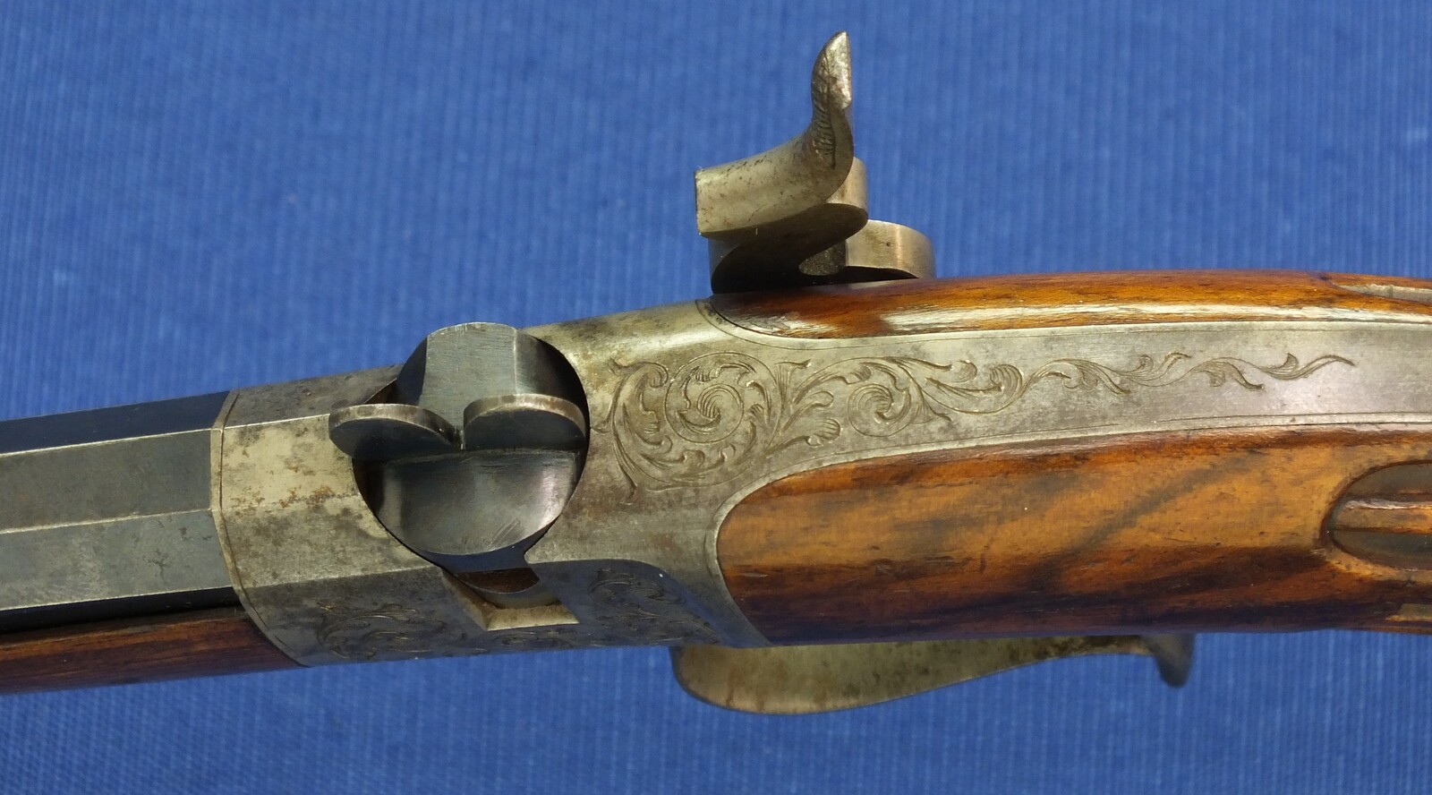 A fine antique French 6mm breech loading percussion target/saloon Pistol with internal hammer.  8 inch octagon barrel. Length 38cm. In near mint condition. Price 995 euro.