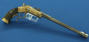 A fine antique German System Stevens Target Pistol by C.A. Frank Suhl. Made circa 1885-1891. 12 inch barrel. Caliber 5,3mm Scheibepistole/Flaschenpatrone. Length 43cm. In very good condition. Price 950 euro.