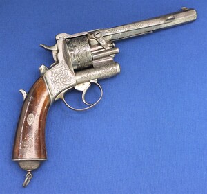 A fine antique scarce 19th century French Revolver signed Le Page Moutier Inventeur Brvt a Paris, caliber 12 mm Centerfire made circa 1860, length 21,5 cm. In very good condition. Price 5.500 euro