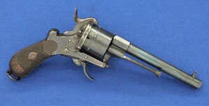 A fine engraved Antique German 19th century Lefaucheux 6 shot single and double action 12mm Pinfire Revolver by Heinrich Riffelmann Solingen. Length 31cm. In very good condition. Price 1.250 euro.