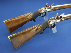 A fine pair antique German Flintlock Sporting Guns by C.Joseph Frey in München, circa 1750, caliber 16 mm,  length 144 cm, in very good condition. Price 8.500 euro