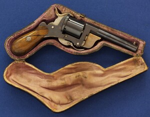 A rare and fine antique French Pipe-Cased 6 shot 7mm Pinfire Revolver by J.B. EYRAUD'S French patent nr. 71170 April 26, 1866 Tip-down barrel design. Length 20cm. In near mint condition. Price 2.250 euro.