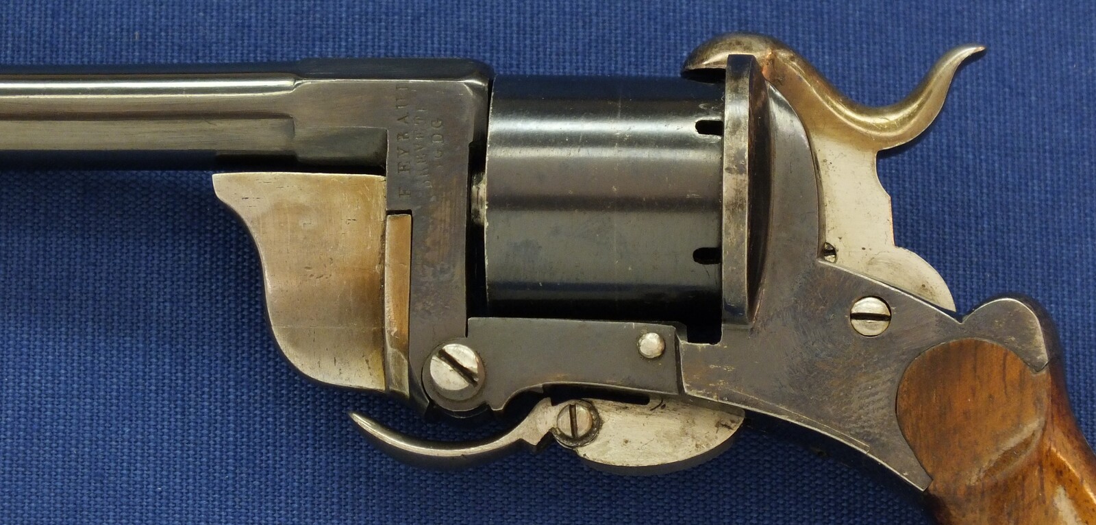 A rare and fine antique French Pipe-Cased 6 shot 7mm Pinfire Revolver by J.B. EYRAUD'S French patent nr. 71170 April 26, 1866 Tip-down barrel design. Length 20cm. In near mint condition. Price 2.250 euro.