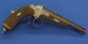 A rare antique Breechloading 22 short Caliber Pistol simmilar to system Schulhoff. Fine chequered Walnut stock. 6.5 inch octagonal barrel. Length 29cm. In near mint condition. Price 1.150 euro.
