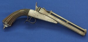 A rare antique circa 1860 Belgian Victor Colette's Gravity Pistol. Caliber 10mm, length 39cm. Floral engraved action and butt-cap. SN1597. In very good condition. Price 1.600 euro.
