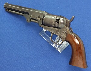 A rare antique Colt Model 1849 Pocket  5 shot Percussion Revolver with 5 inch barrel with two line New York address and hard to find iron backstrap and triggerguard, .31 caliber, length 27 cm, in very good condition. Price 2.350 euro
