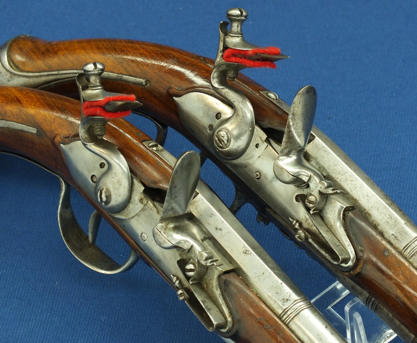 A rare antique Dutch or French 17th century circa 1660-70 Pair of over and under Flintlock pistols with Belt-hooks. Caliber 12mm, length 52. In very good condition. Price 12.500 euro.